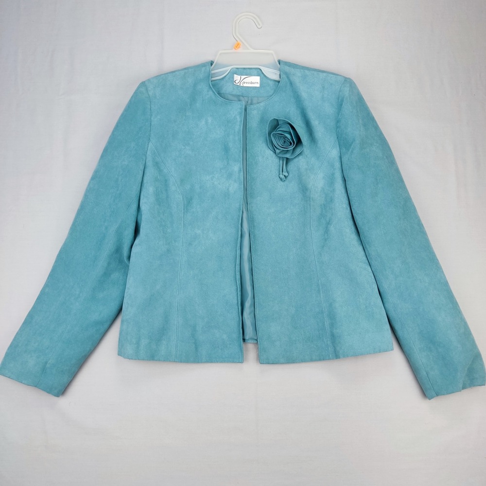 Dressbarn Blazer Womens L Turquoise Faux Suede Rosette Open Front Jacket D9812